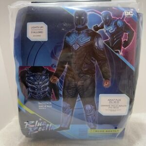 Adult DC Blue Beetle Armor Muscle Suit Mask Mens 2XL Light Up Halloween Costume